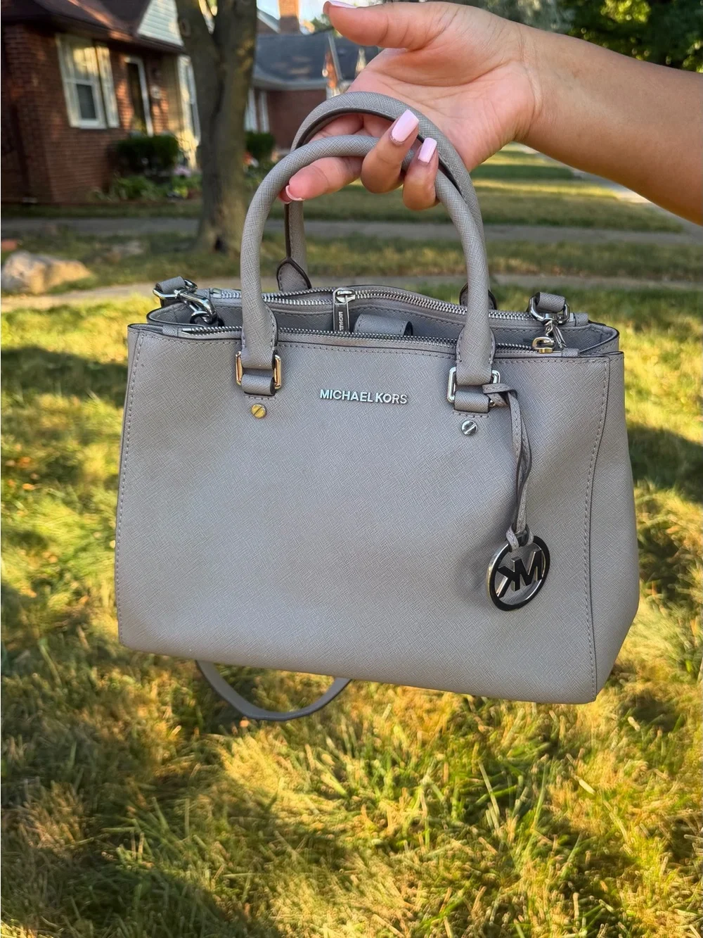 Michael Kors Light Gray Saffiano Leather Satchel with MK Charm